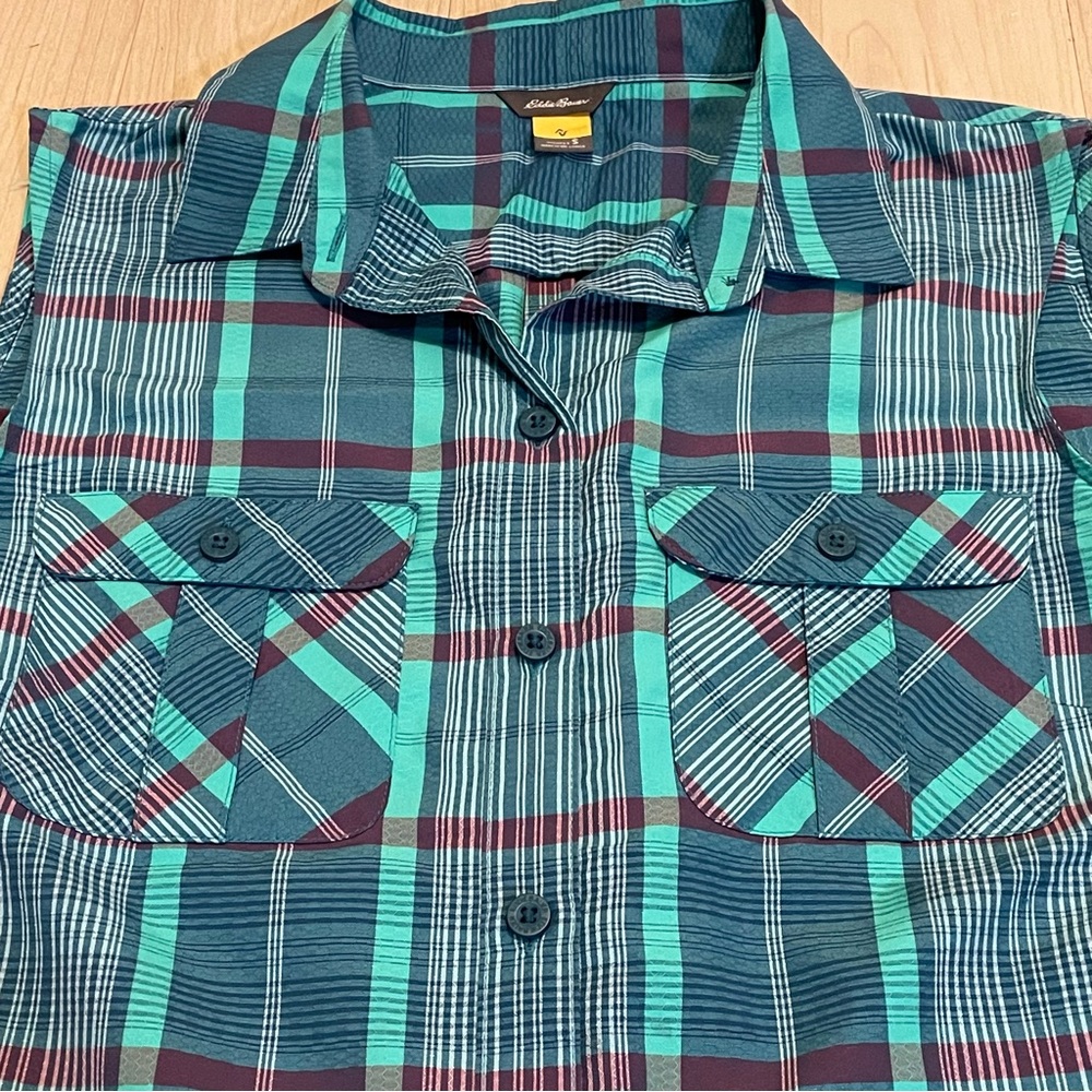 Eddie Bauer Turquoise and Navy Plaid Top Sleeveless Collar Pocket Women Size S - Picture 3 of 13